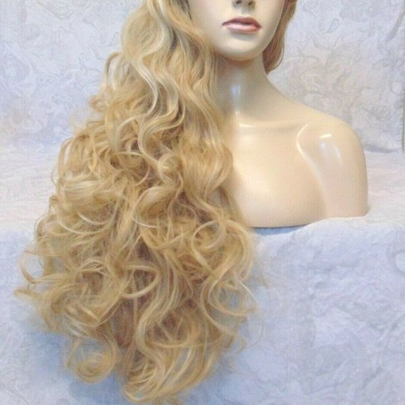 LONG Blonde Highlighted Curly Wig With Bangs main image 4